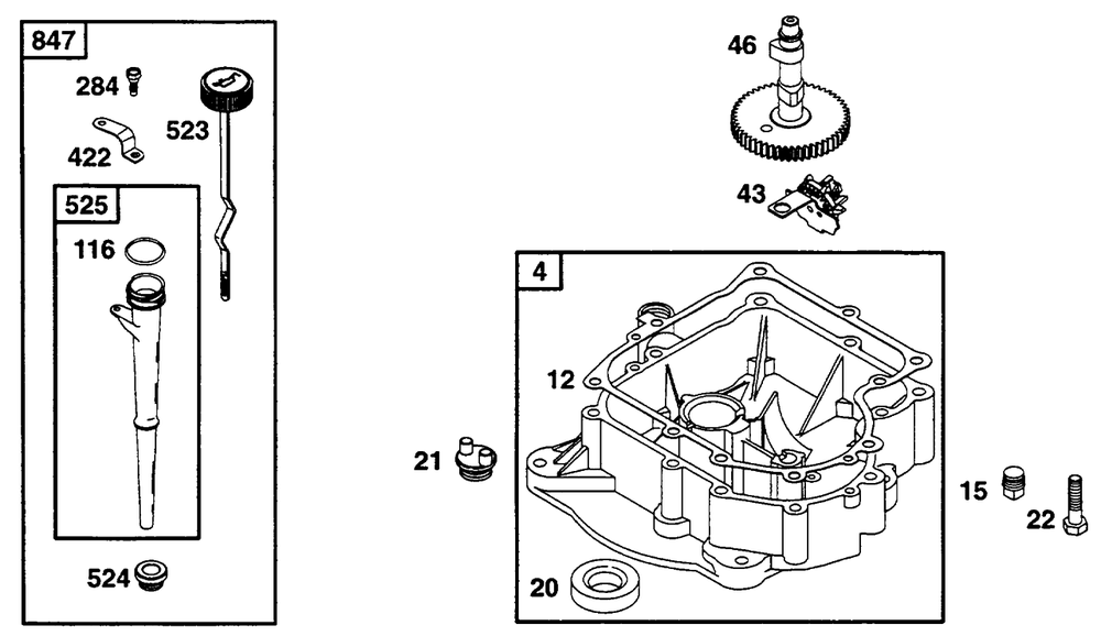 Oil Fill, Sump Diagram and Parts List for 256702-4002-XX  Briggs and Stratton Engine